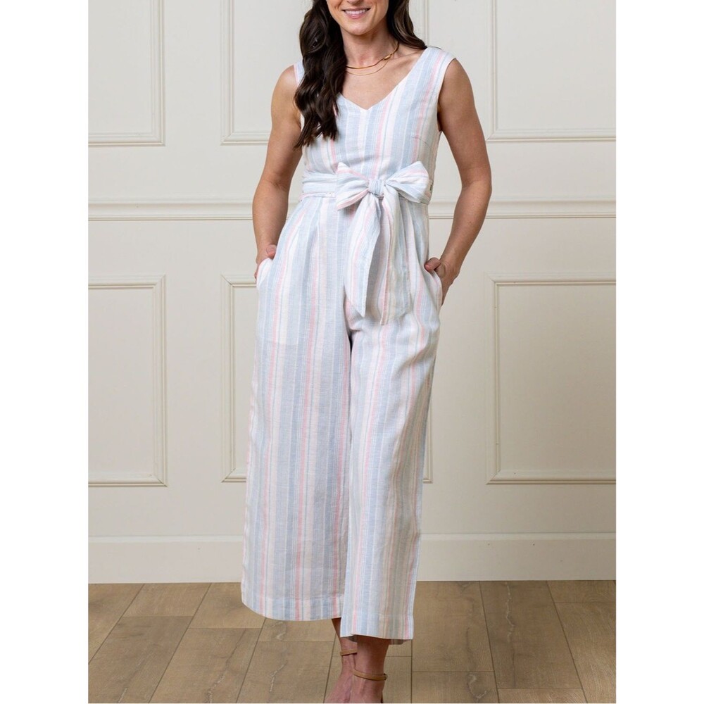 NWT Hope & Henry Linen Organic Cotton Tie Waist Wide Leg Jumpsuit Stripe Size 14